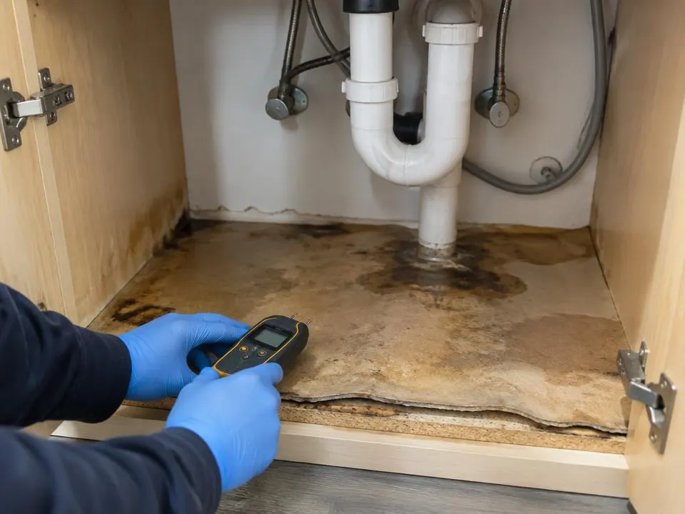 Generated illustration of gloved hands holding a moisture meter over a water-stained sink cabinet base