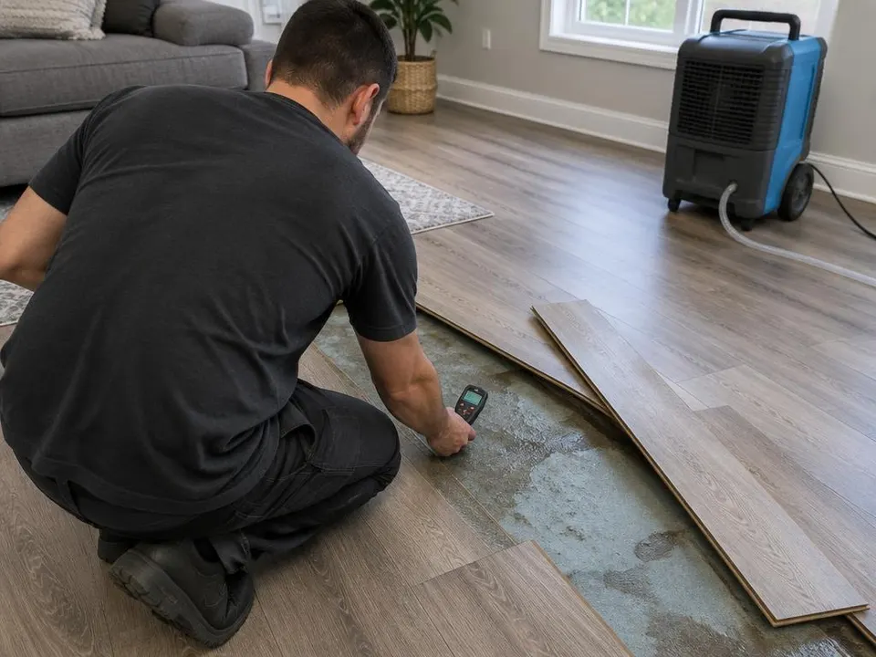 Generated illustration of a technician checking damp underlayment below lifted vinyl planks